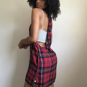 Black and red flannel overalls